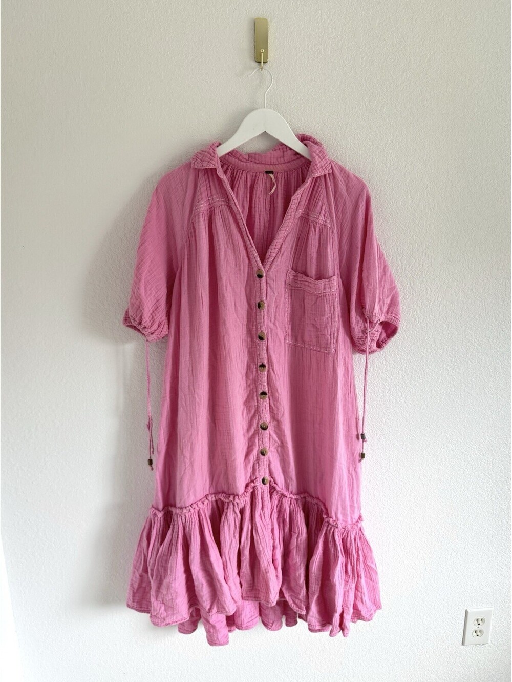 Free People Pink Maya Shirt Dress Size Medium Casual Button Down Midi